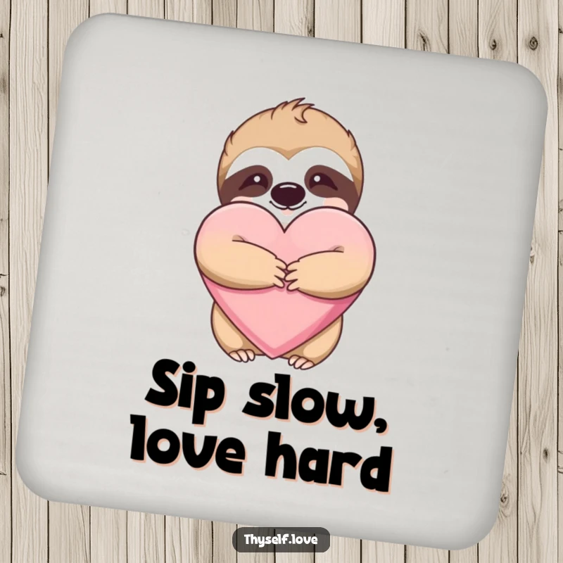 Funny drink coaster showing a content sloth hugging a soft heart, protecting furniture with style.