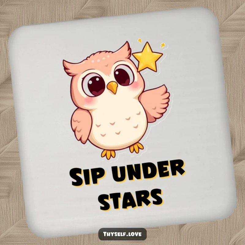 Funny drink coaster depicting a joyful owl with wide eyes, looking lovingly at a sparkling star, bringing night magic indoors.