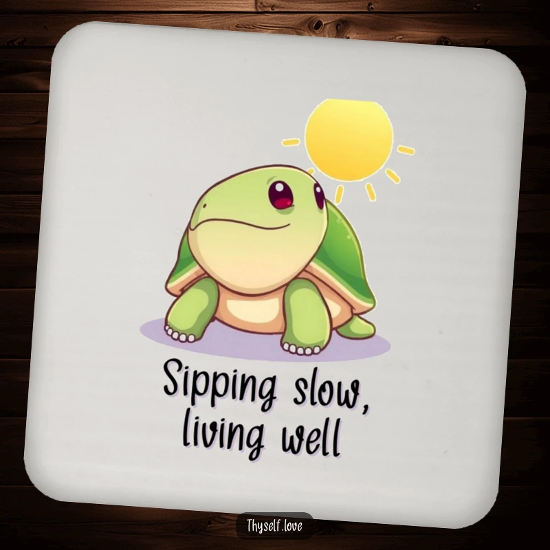 Funny drink coaster with a serene turtle enjoying a sunbeam, adding a hilariously protective and decorative element to tables.