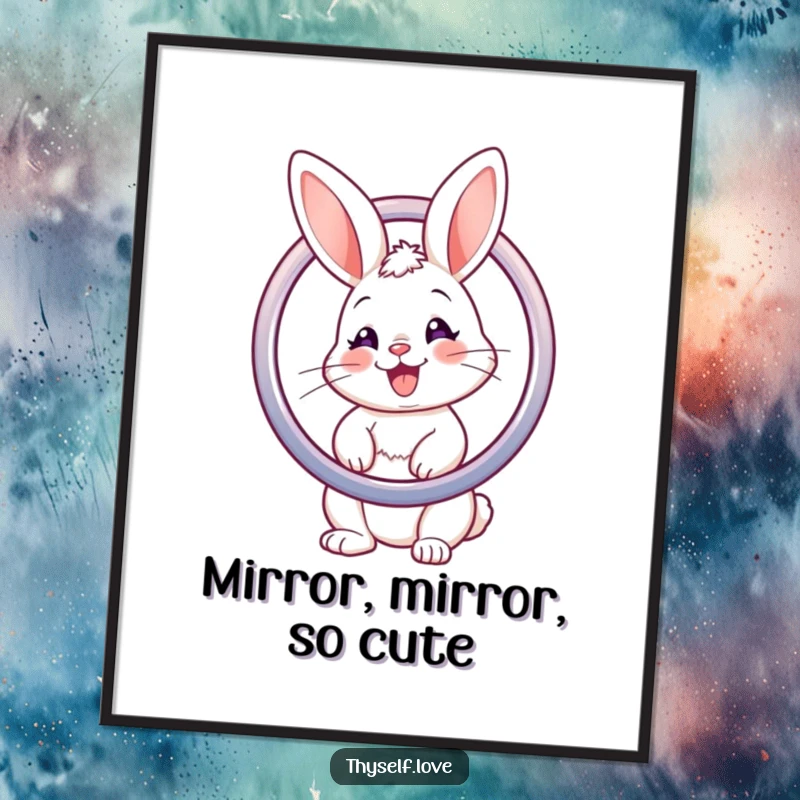 Funny poster art of a bunny looking intently into a shiny mirror, appreciating its own cute features.