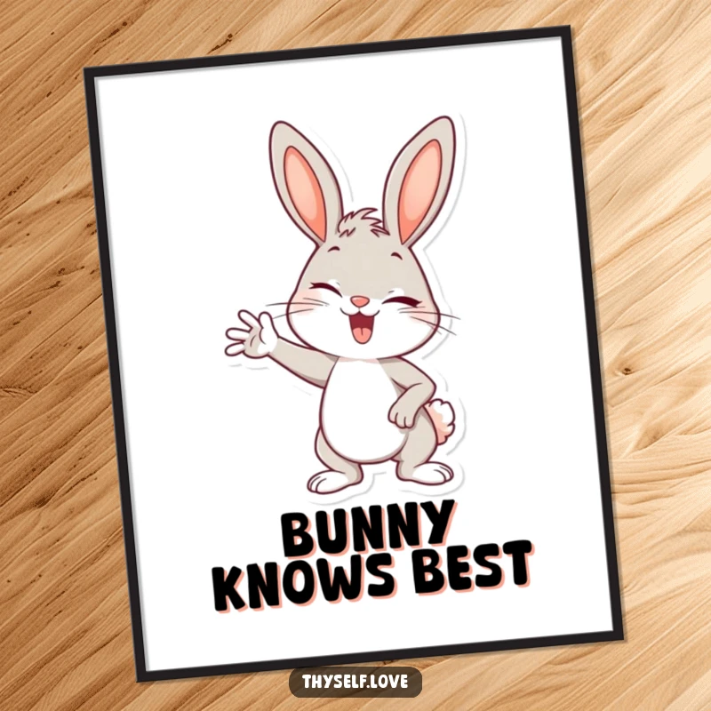 Funny poster showcasing a cheerful bunny in a confident pose, winking playfully, adding a touch of charm.