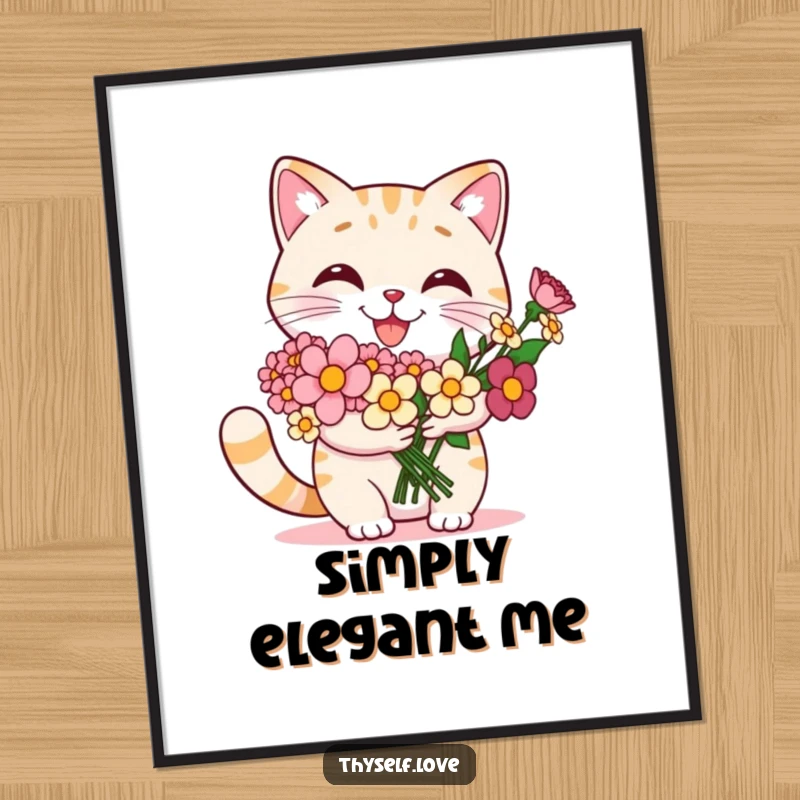 Funny cat poster featuring a smiling cat holding a lush bouquet of flowers given to itself, exuding pride and happiness.