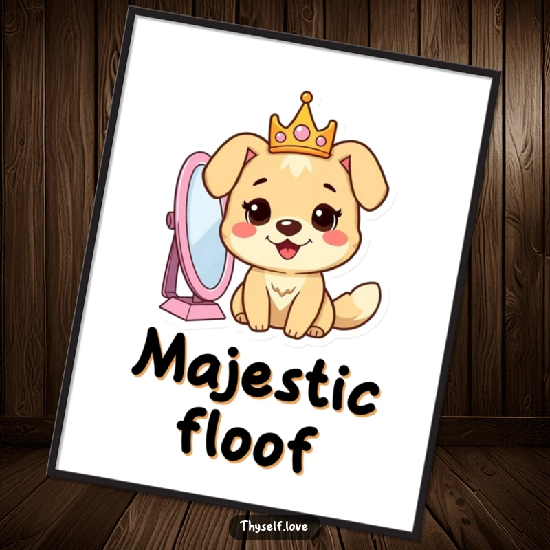 Funny dog poster featuring a cheerful dog wearing a crown, looking into a mirror with admiration, celebrating its own regal beauty.