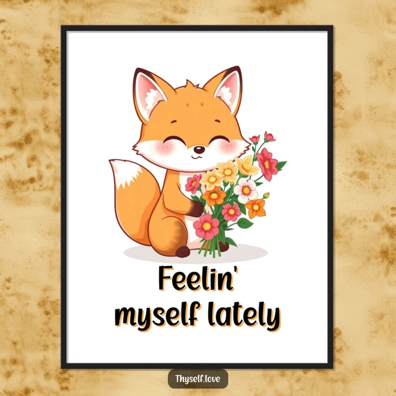 Funny Poster: A cheerful fox carefully arranging a stunning bouquet of flowers, exclusively for its own enjoyment, creating a serene and happy scene.