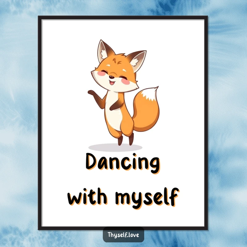 Funny poster capturing a smiling fox in a dynamic dance with its own shadow, radiating playful energy and whimsical joy.