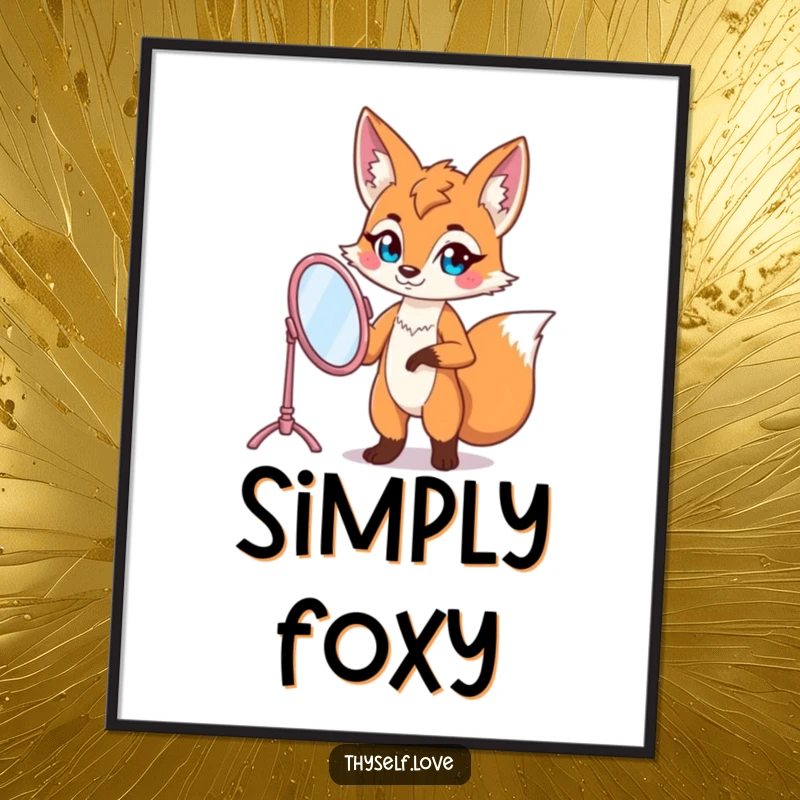 Funny fox poster depicting a confident fox character striking a pose with a vanity mirror, exuding glamour and allure.