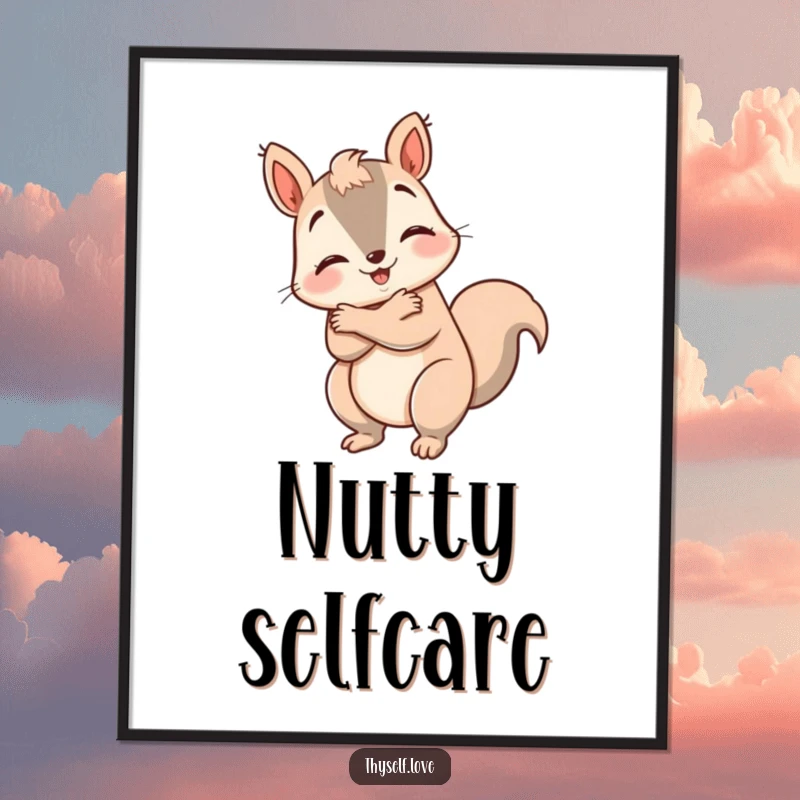 Funny happy squirrel poster art, giving itself a big hug, symbolizing self-love and comfort. A humorous and heartwarming decor piece.
