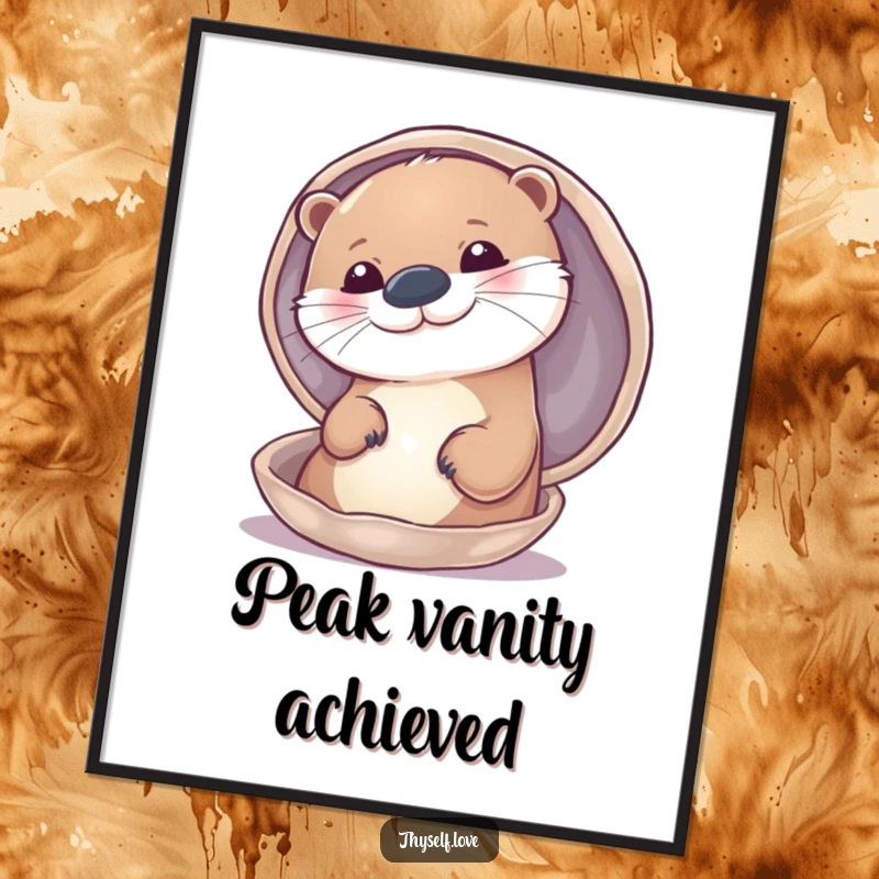 Funny poster showcasing a smiling otter captivated by its own reflection in a perfectly polished shell, radiating joy.