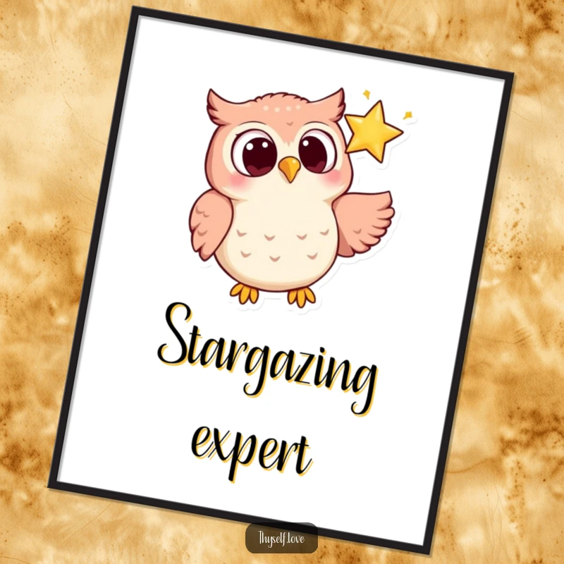 Funny poster artwork of a joyful owl with wide eyes, gazing lovingly at a single, brilliant sparkling star.
