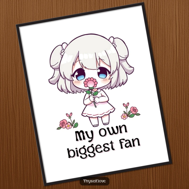 Funny Poster: Character extending a single flower to its own dark silhouette, a humorous depiction of inner appreciation.