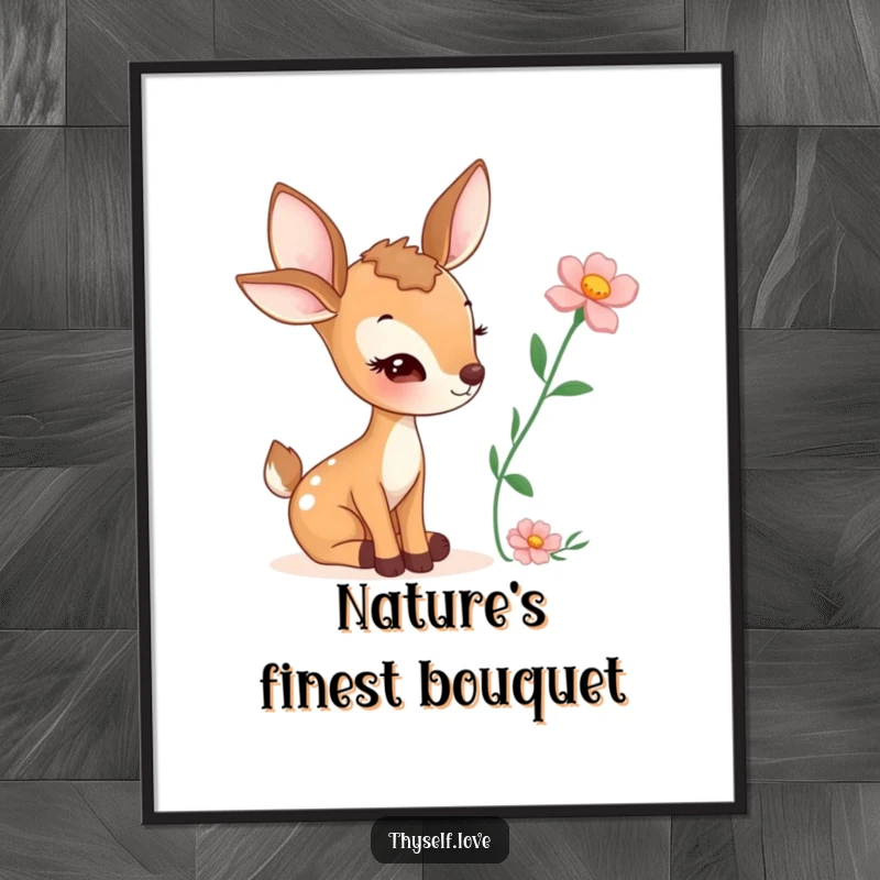 Funny poster art of a winking deer holding a picked flower, capturing a moment of innocent admiration.