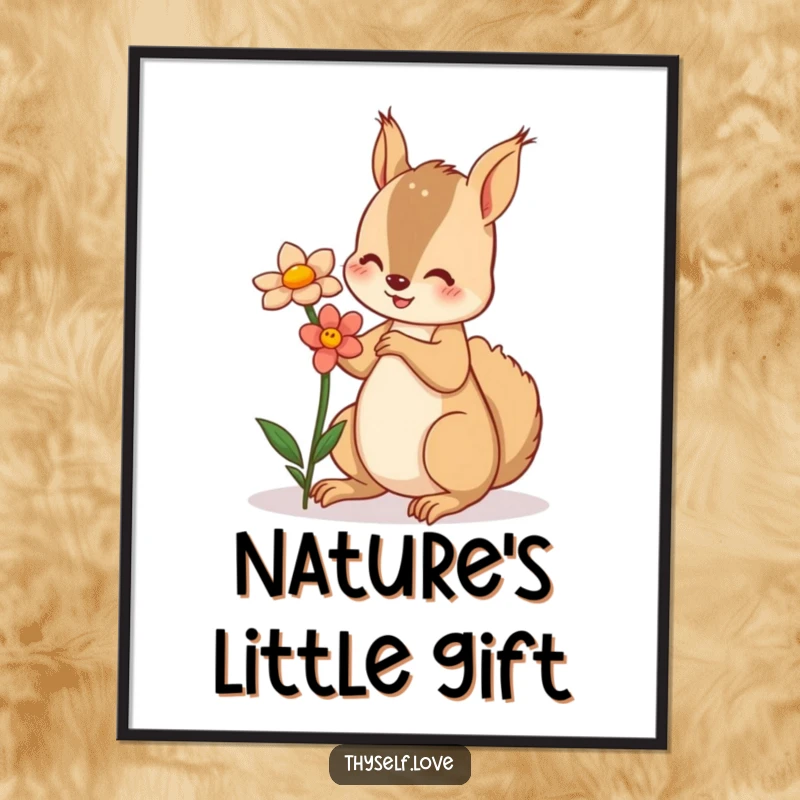 Funny poster art of a squirrel presenting a flower to its own reflection, a sweet depiction of self-love.