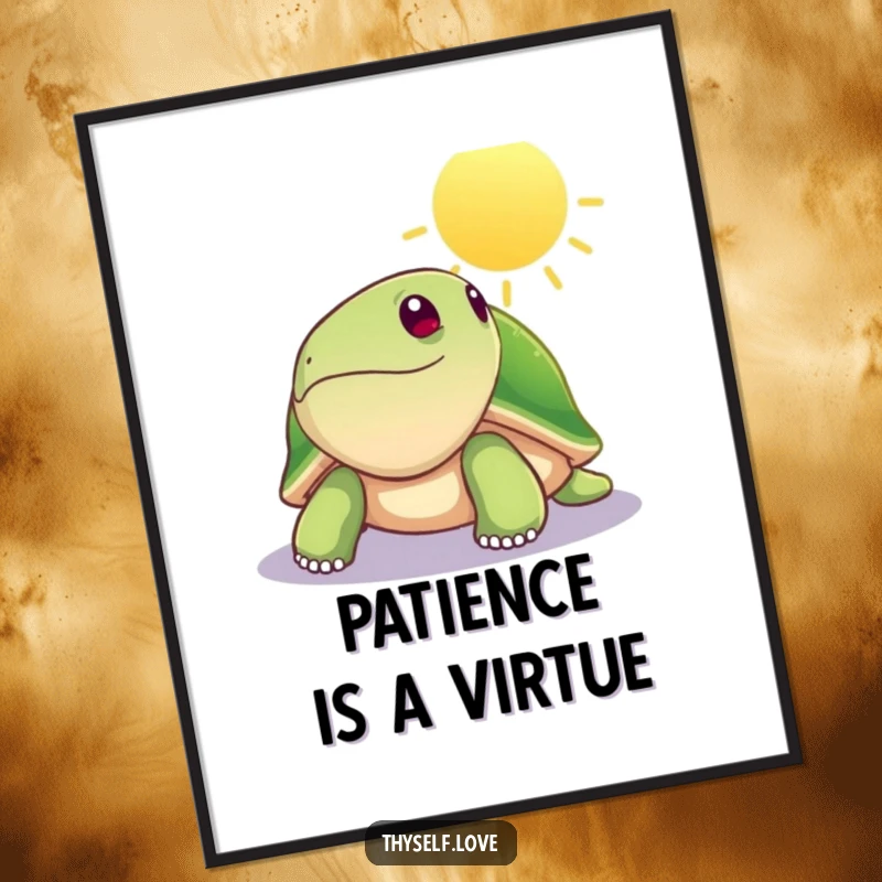 Funny poster showcasing a peaceful turtle soaking up a warm sunbeam, conveying a hilariously serene and tranquil atmosphere. A great decor piece.