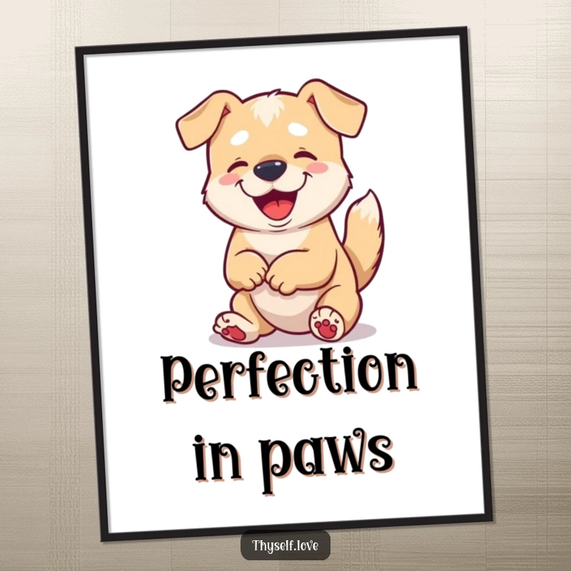 Funny poster art of a content dog wagging its tail and admiring its paws, radiating domestic bliss.