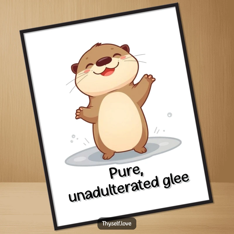 Funny poster art depicting a giggling otter joyfully dancing beside a puddle, radiating pure, uninhibited happiness.