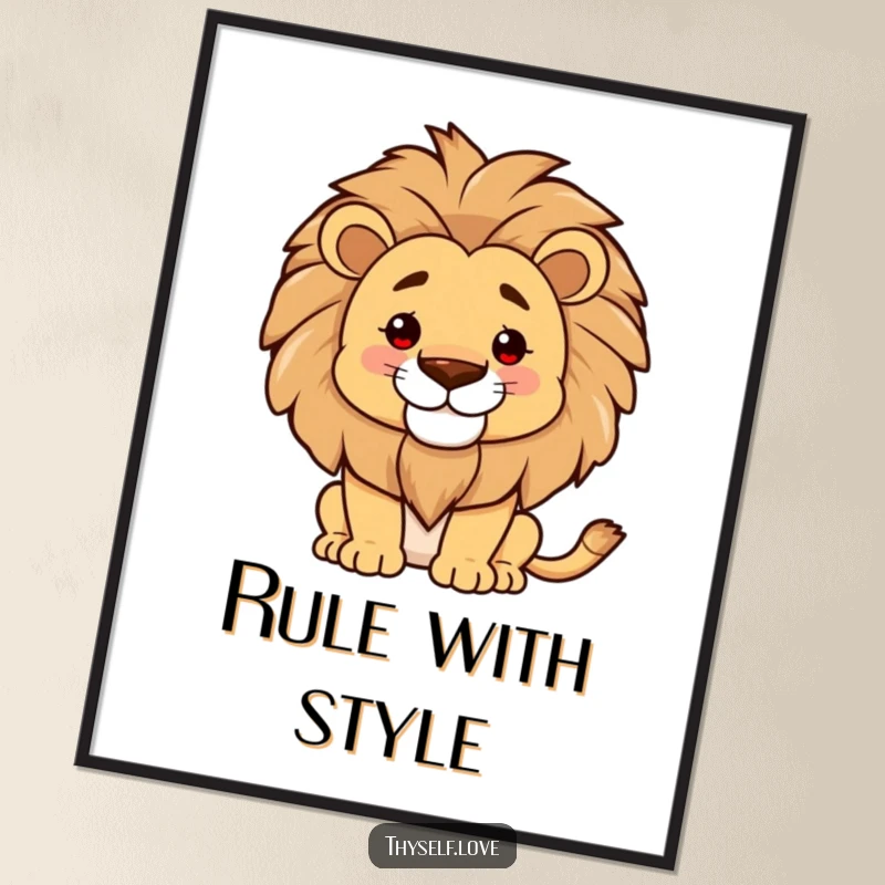 Funny poster, proud lion smoothing mane, confident smile, regal wall art, majestic presence, perfect funny gift.
