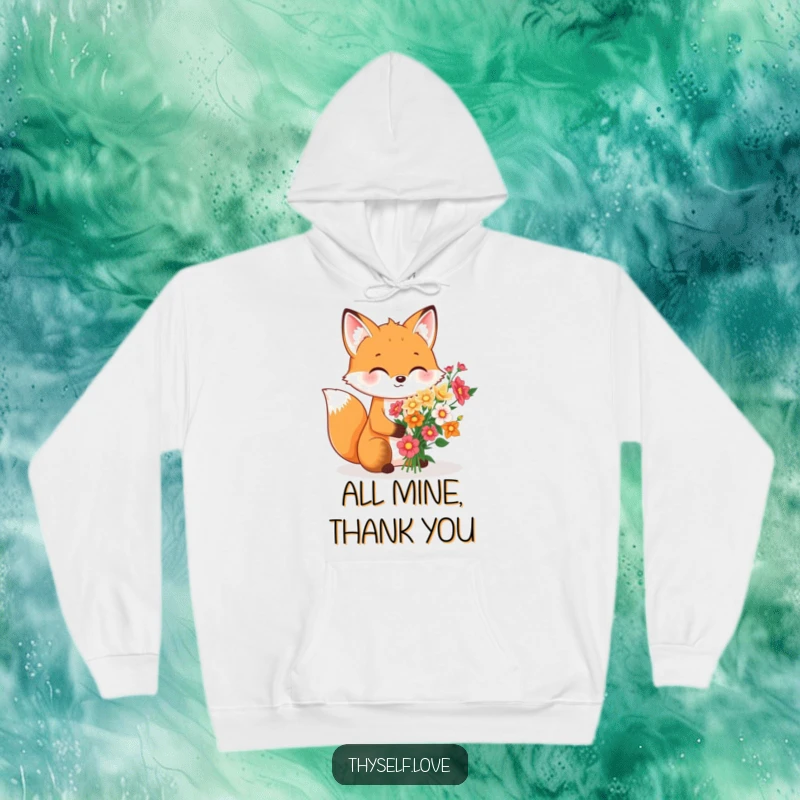 Funny Hoodie: A content fox, adorned with flowers, carefully crafts a beautiful bouquet meant only for itself, embodying peaceful solitude.