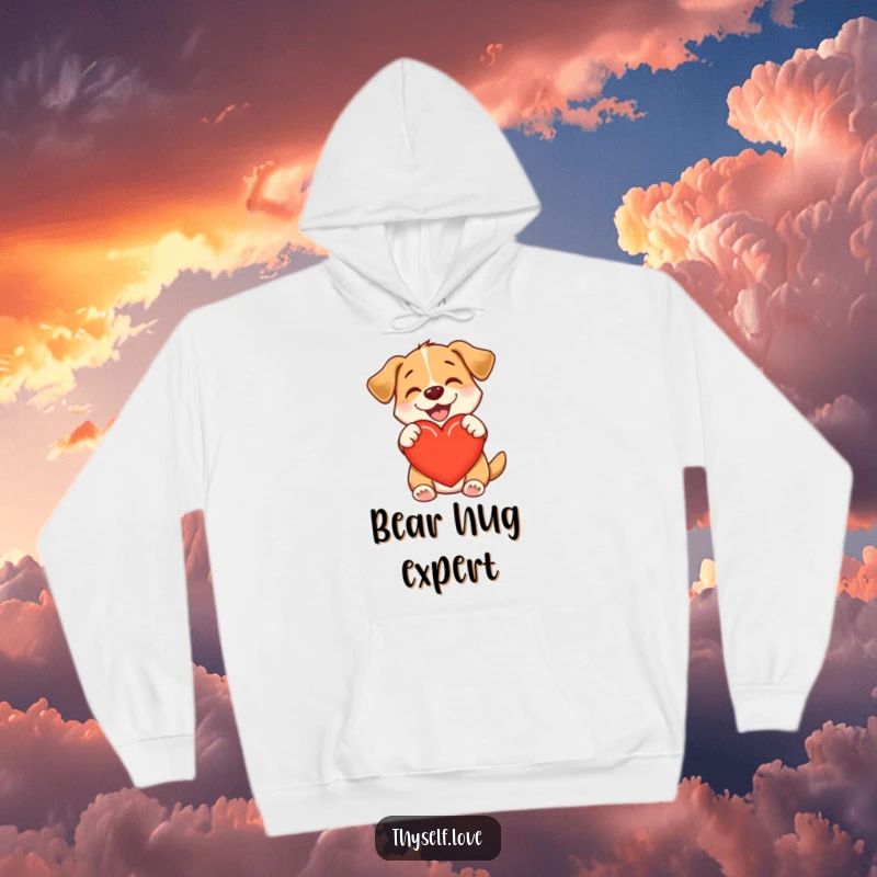 Funny hoodie with a contented dog giving a big hug to a heart, emanating warmth, happiness, and unconditional love.