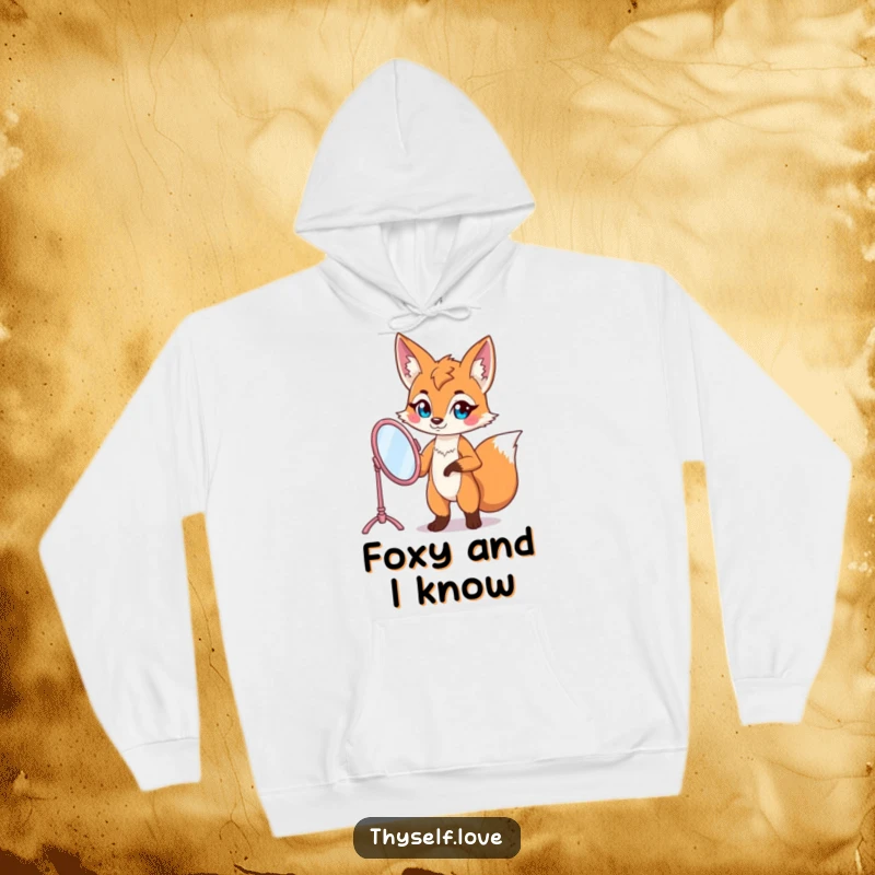 Funny fox hoodie with a confident fox character posing with a vanity mirror, embodying chic comfort and style.