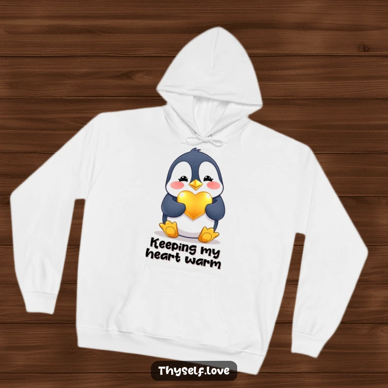 Funny Hoodie: A cheerful penguin polishes a golden heart, bringing warmth and a touch of humor to this comfy hoodie.