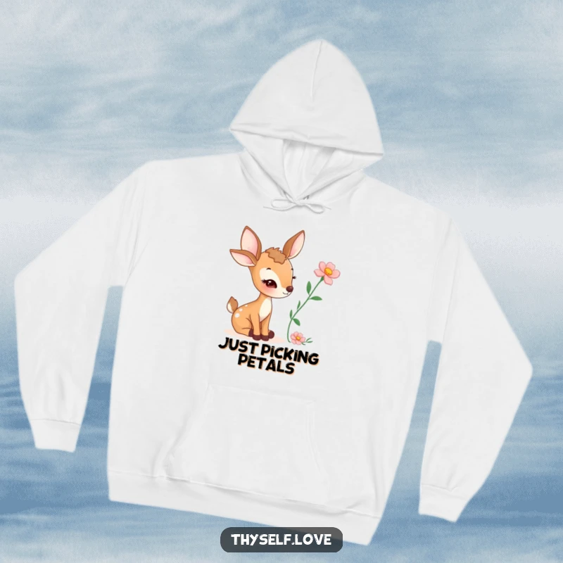 Funny hoodie design showcasing a winking deer admiring a flower it just picked, radiating gentle amusement.