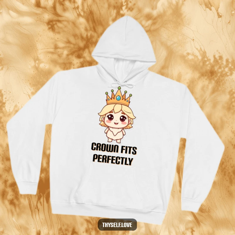 Funny Hoodie: A crowned character beams with self-assuredness, offering a humorous blend of comfort and royalty.