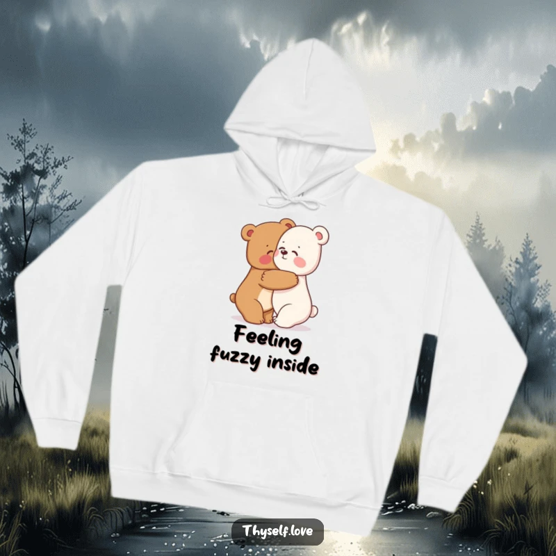 Funny bear hoodie with a happy bear character embracing its reflection, radiating comfort and promoting self-love.