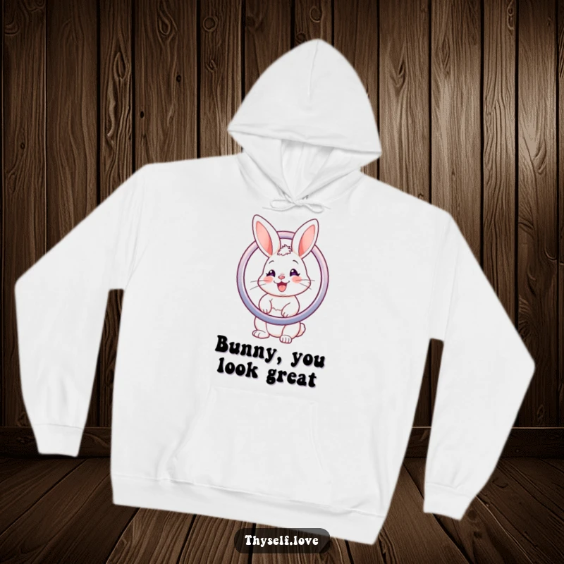 Funny hoodie featuring a cute bunny admiring its reflection in a shiny mirror, symbolizing self-appreciation.