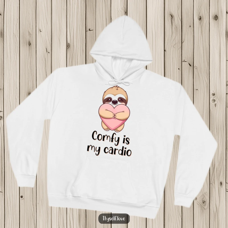 Funny hoodie illustration of a blissed-out sloth tightly hugging a big, plush heart, radiating contentment.