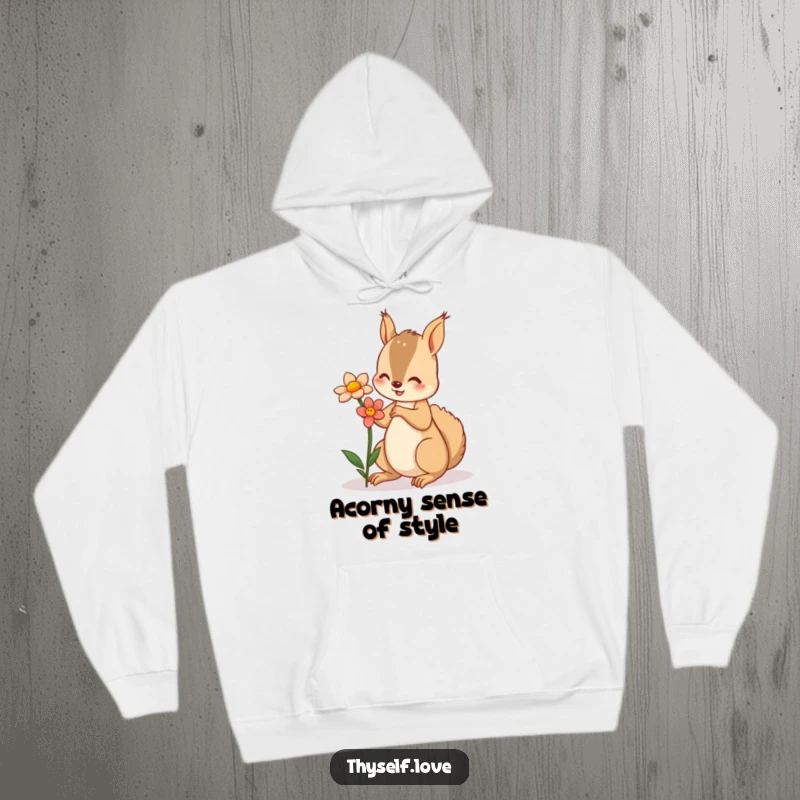 Funny hoodie featuring a playful squirrel offering a flower to its reflection, bringing warmth and whimsy.