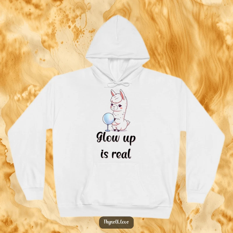 Funny llama hoodie showcasing a happy llama admiring itself in a glittering disco ball, perfect for a cozy and humorous vibe.