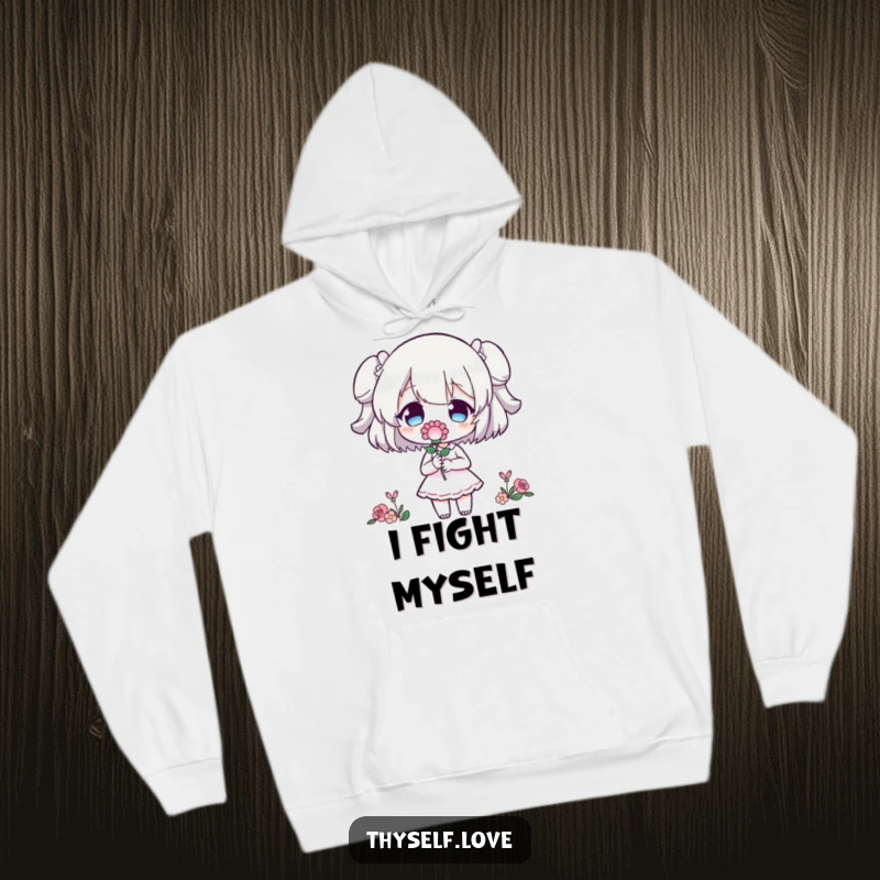 Funny Hoodie: Character joyfully offers a blossom to its own shadow-self, embodying a humorous yet profound self-acceptance.