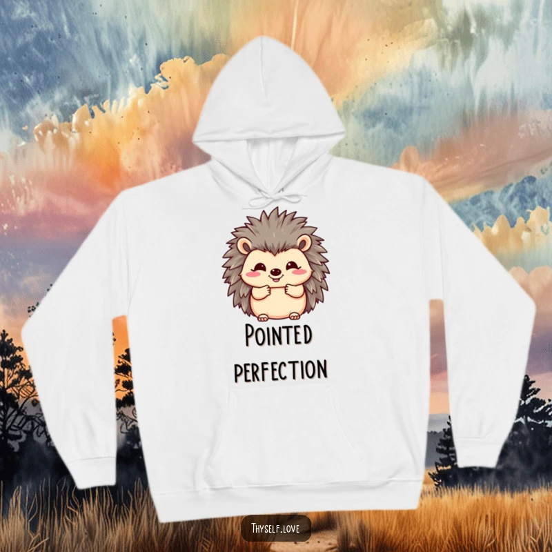 Funny hoodie featuring a happy hedgehog fluffing its quills with a smile, designed for warmth and adorable hedgehog humor.