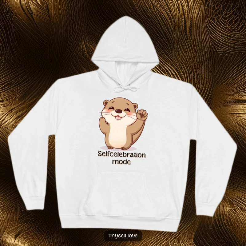 Funny otter hoodie depicting a happy otter giving itself a high five, offering cozy encouragement and playful self-celebration.