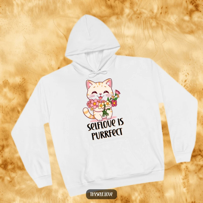 Funny cat hoodie with a smiling cat proudly holding a bouquet of flowers, radiating warmth and self-satisfaction.