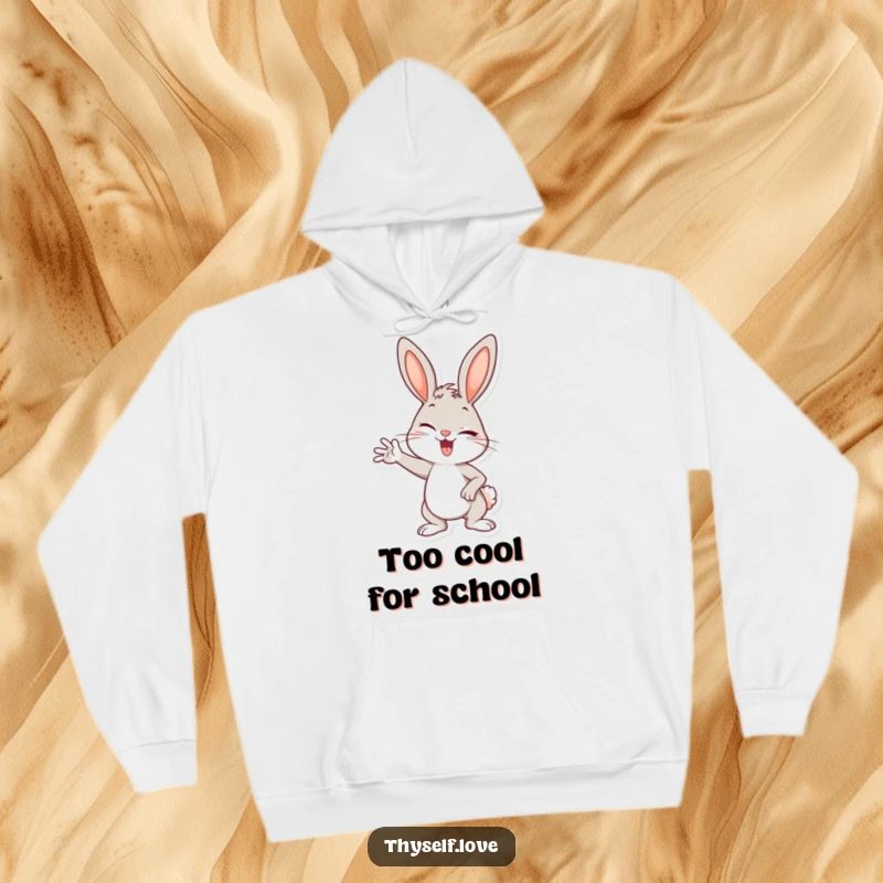 Funny hoodie with a cheerful bunny striking a confident pose and giving a playful wink, embodying confidence.