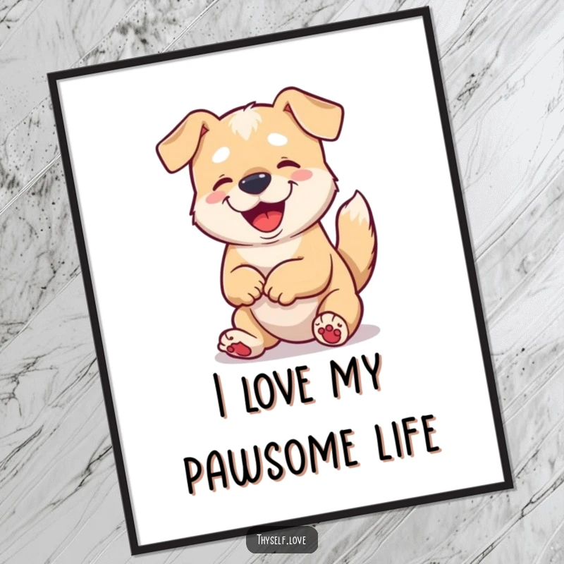 Funny Free Printable Wall Art: A content dog wags its tail, looking lovingly at its paws, adding warmth and charm to home decor.