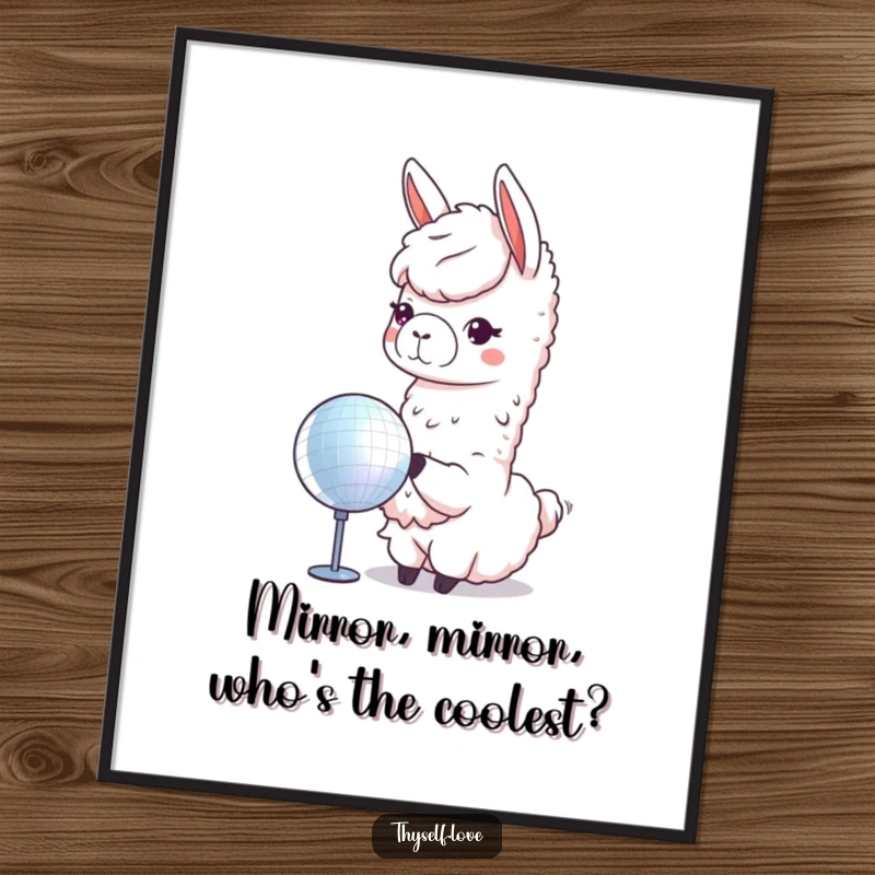 Funny Free Printable Llama Wall Art: Cute llama gleefully admiring its disco ball reflection, radiating confidence and style. Whimsical decor.