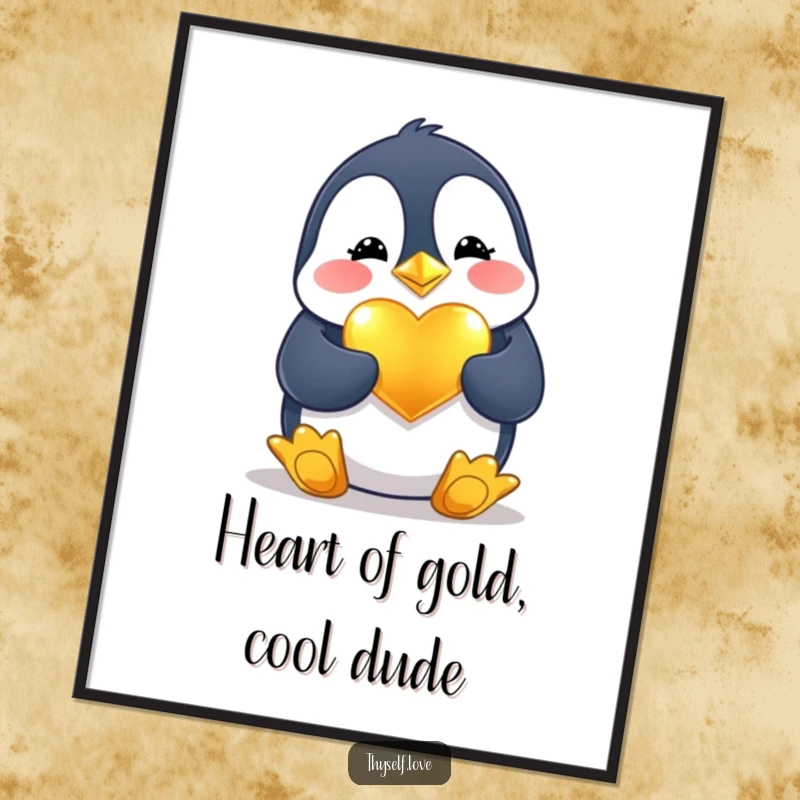 Funny Free Printable Wall Art: Cheerful penguin polishing a shiny golden heart, adding charm and humor to decor.