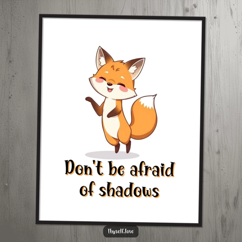Funny Free Printable Wall Art: Smiling fox playfully dancing and twirling with its dynamic shadow, full of energy.