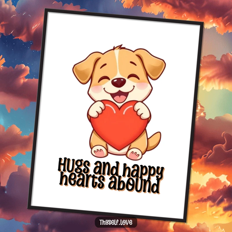Funny Free Printable Wall Art: Delighted dog embracing a heart, cute, loving, downloadable art.
