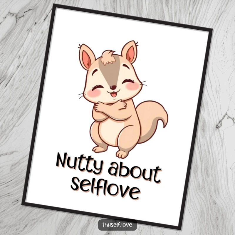 Funny Free Printable Wall Art depicting a happy squirrel giving itself a big hug, promoting self-love and comfort.