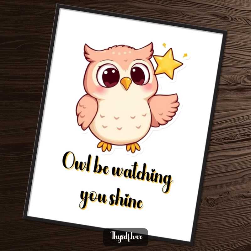 Funny Free Printable Wall Art: Owl with wide eyes lovingly watching a sparkling star, magical, downloadable art.