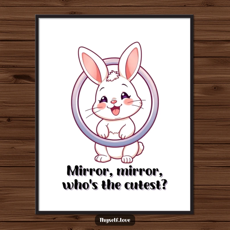Funny Free Printable Wall Art: A smiling bunny happily admires its cute reflection in a polished mirror.