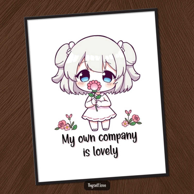 Funny free printable wall art, a character with a flower contemplating its own quirky, artistic silhouette.