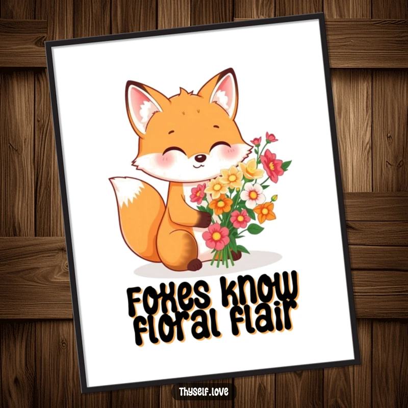 Funny Free Printable Wall Art of a cheerful fox arranging a bouquet of flowers solely for its own pleasure, downloadable art.