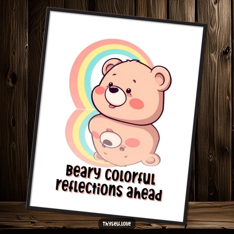 Funny Free Printable Wall Art of a giggling bear admiring a rainbow in its reflection, perfect downloadable art.