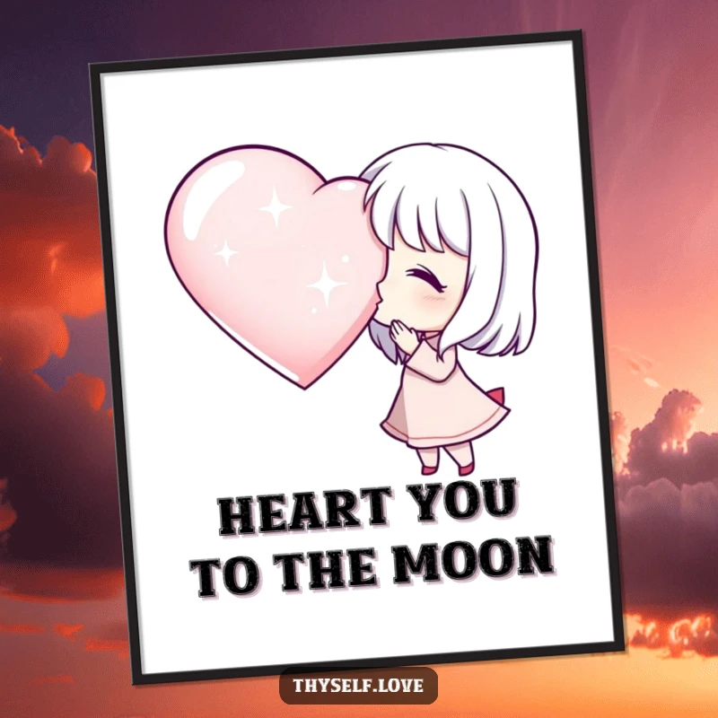 Funny free printable wall art, a character sending a kiss to a large, dazzling, shimmering heart.