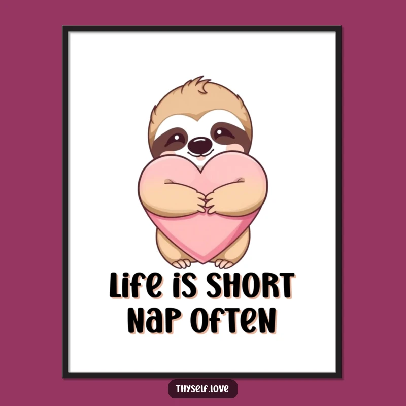 Funny Free Printable Wall Art: Content Sloth Hugging Heart, DIY Downloadable Decor