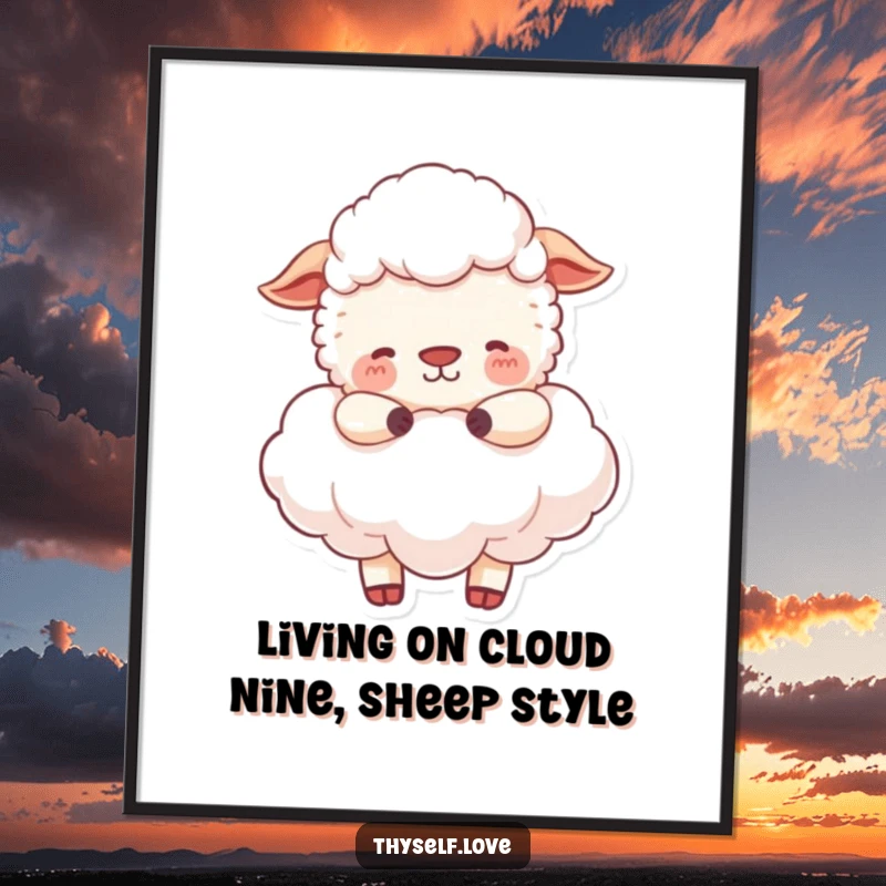 Funny Free Printable Wall Art: Happy sheep peacefully embracing a fluffy cloud, bringing serenity and humor to your walls.